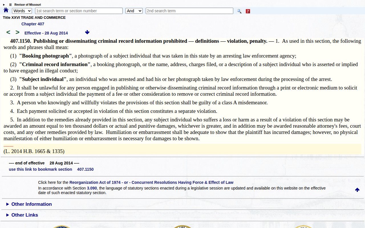Putnam County booking-photo law, Missouri Revised Statutes section 407.1150